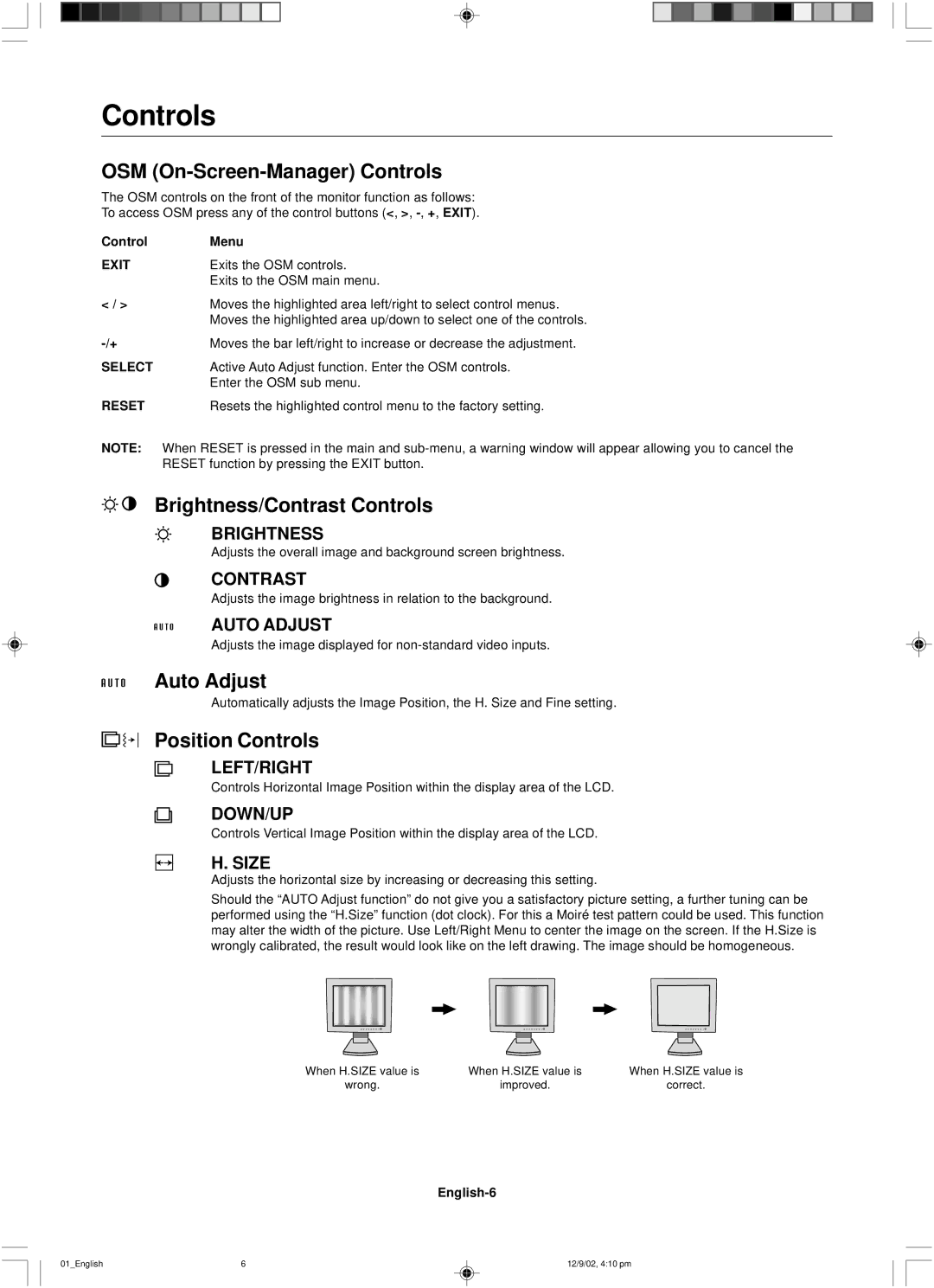 NEC LCD1501 user manual OSM On-Screen-Manager Controls, Brightness/Contrast Controls, Auto Adjust, Position Controls 