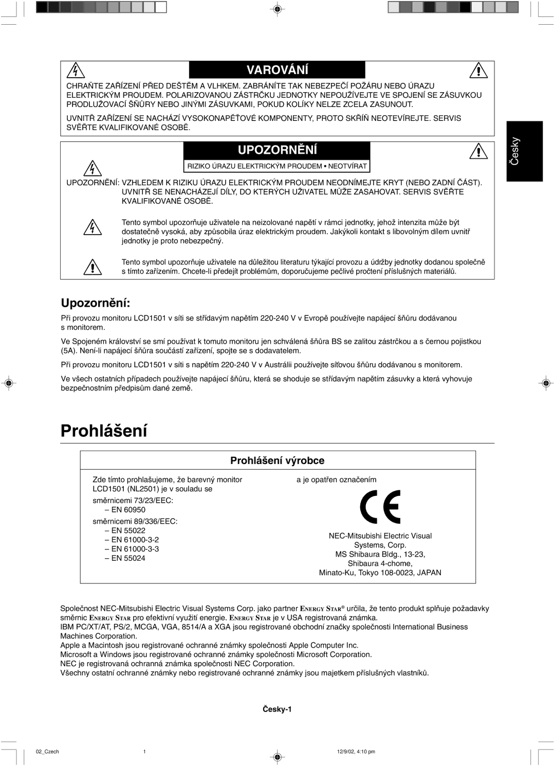 NEC LCD1501 user manual Upozornûní, Varování 