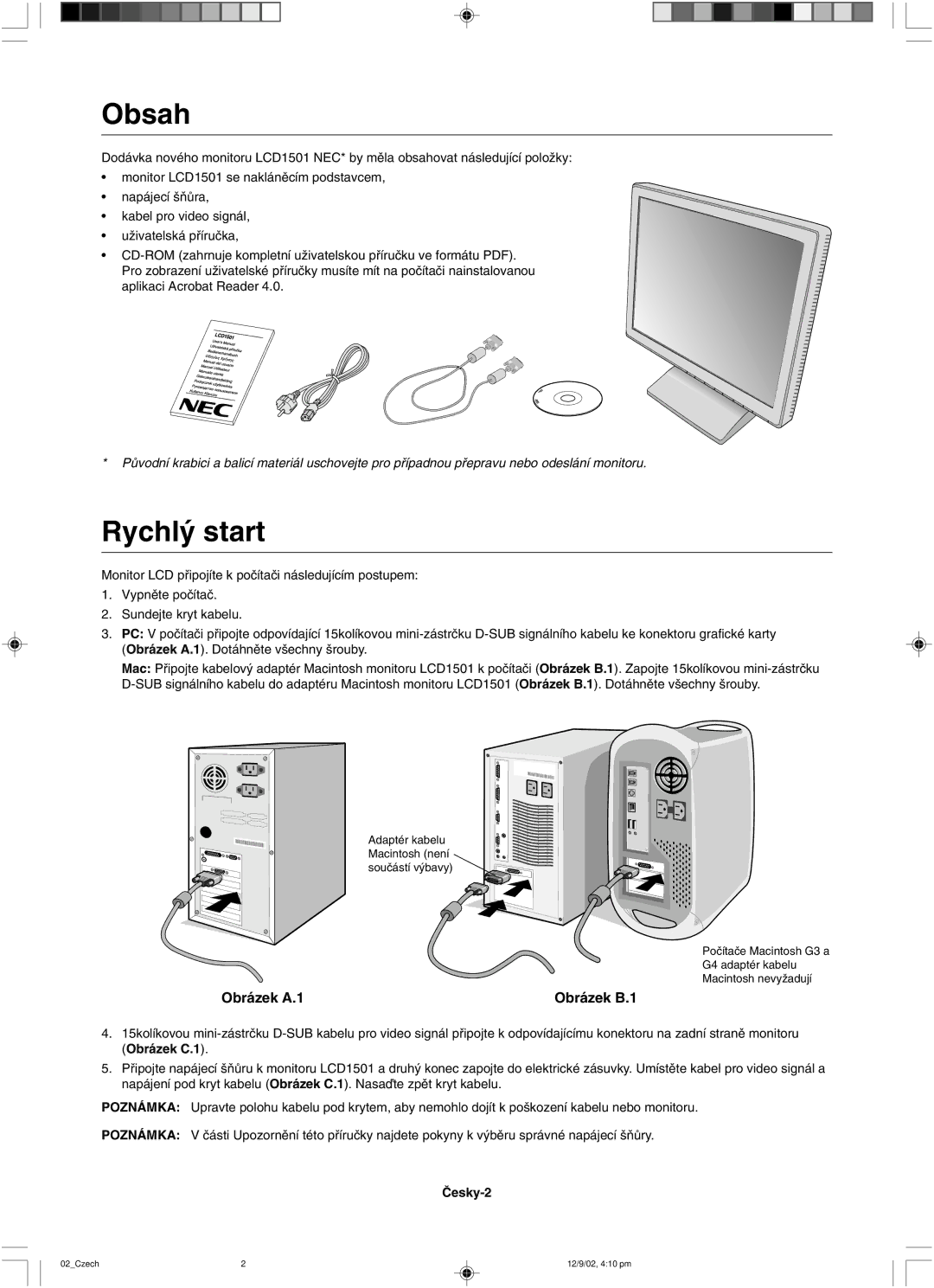 NEC LCD1501 user manual Obsah 