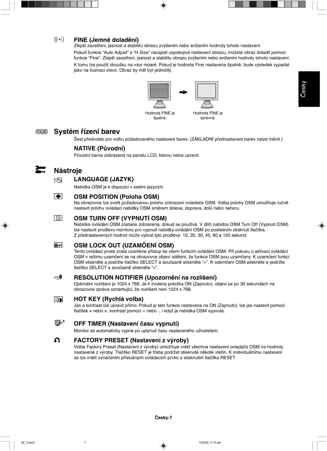 NEC LCD1501 user manual Systém ﬁízení barev, Nástroje 