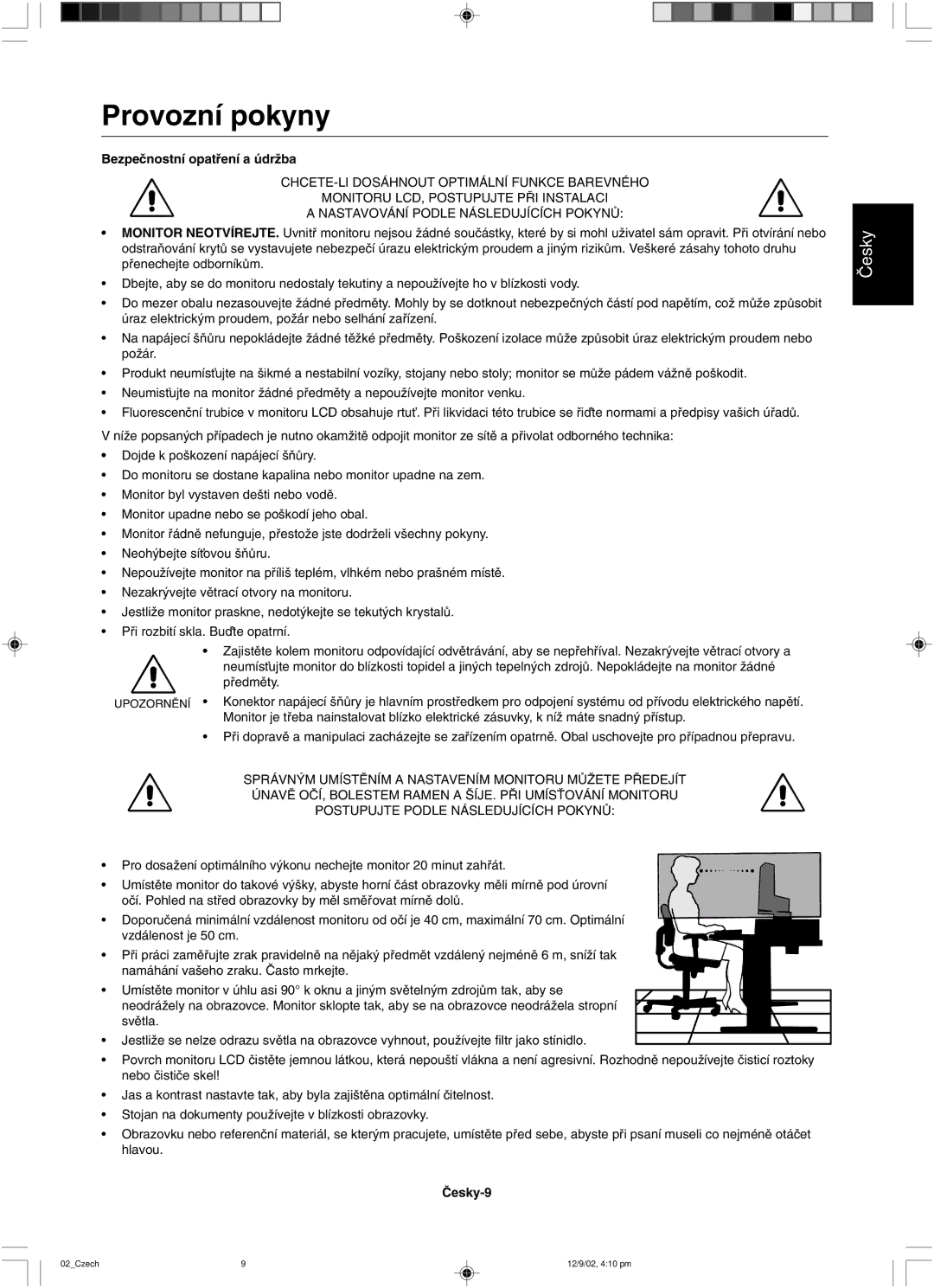 NEC LCD1501 user manual Provozní pokyny 