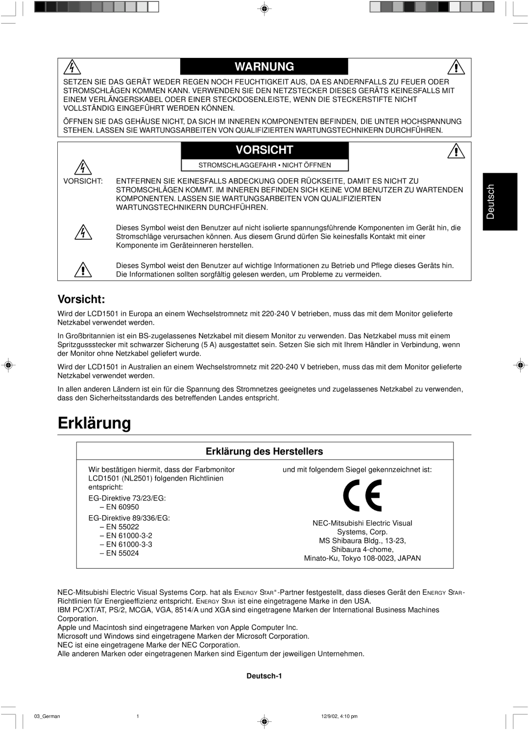 NEC LCD1501 user manual Vorsicht, Erklärung des Herstellers, Deutsch-1 