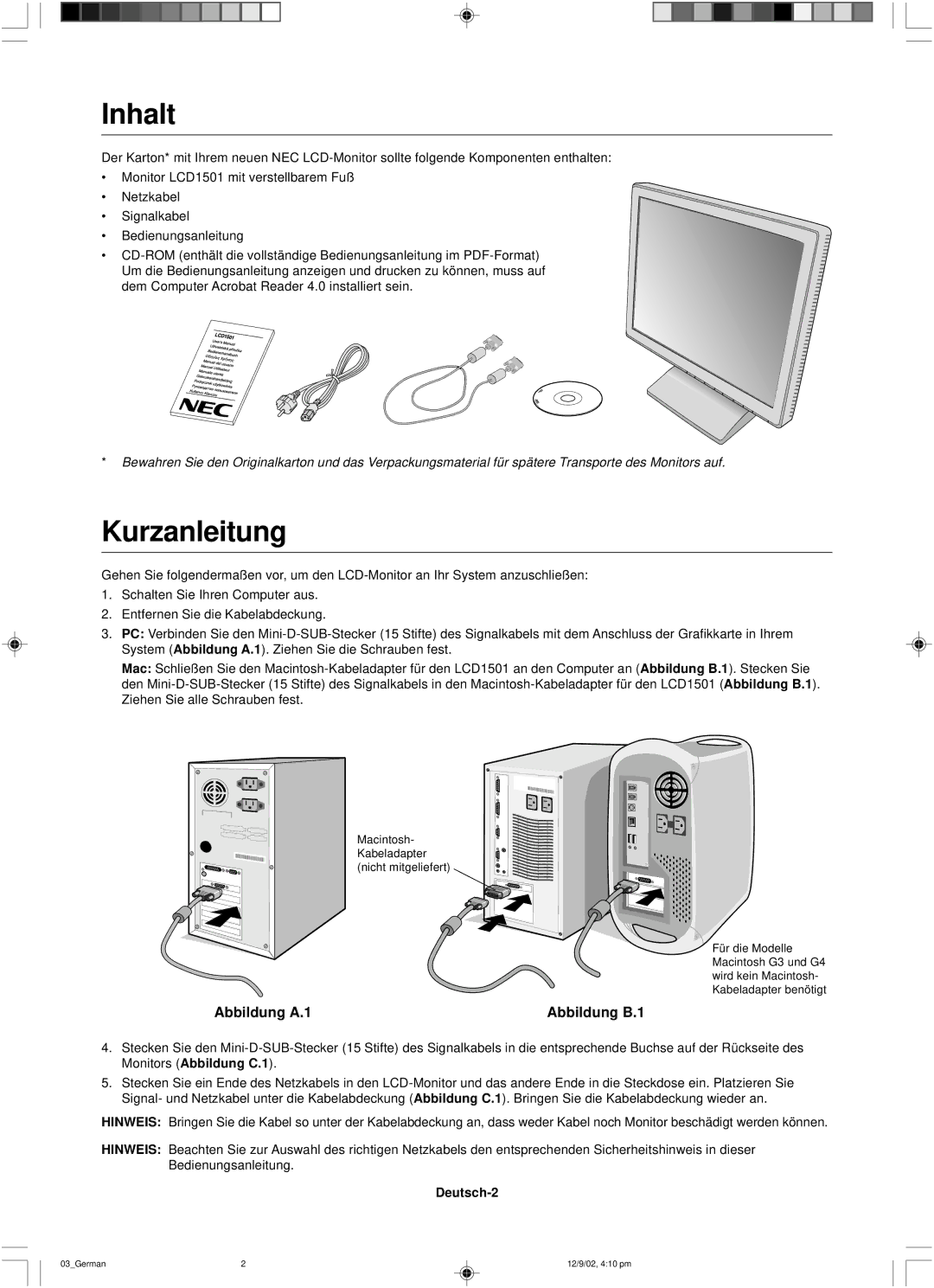 NEC LCD1501 user manual Inhalt, Kurzanleitung, Deutsch-2 