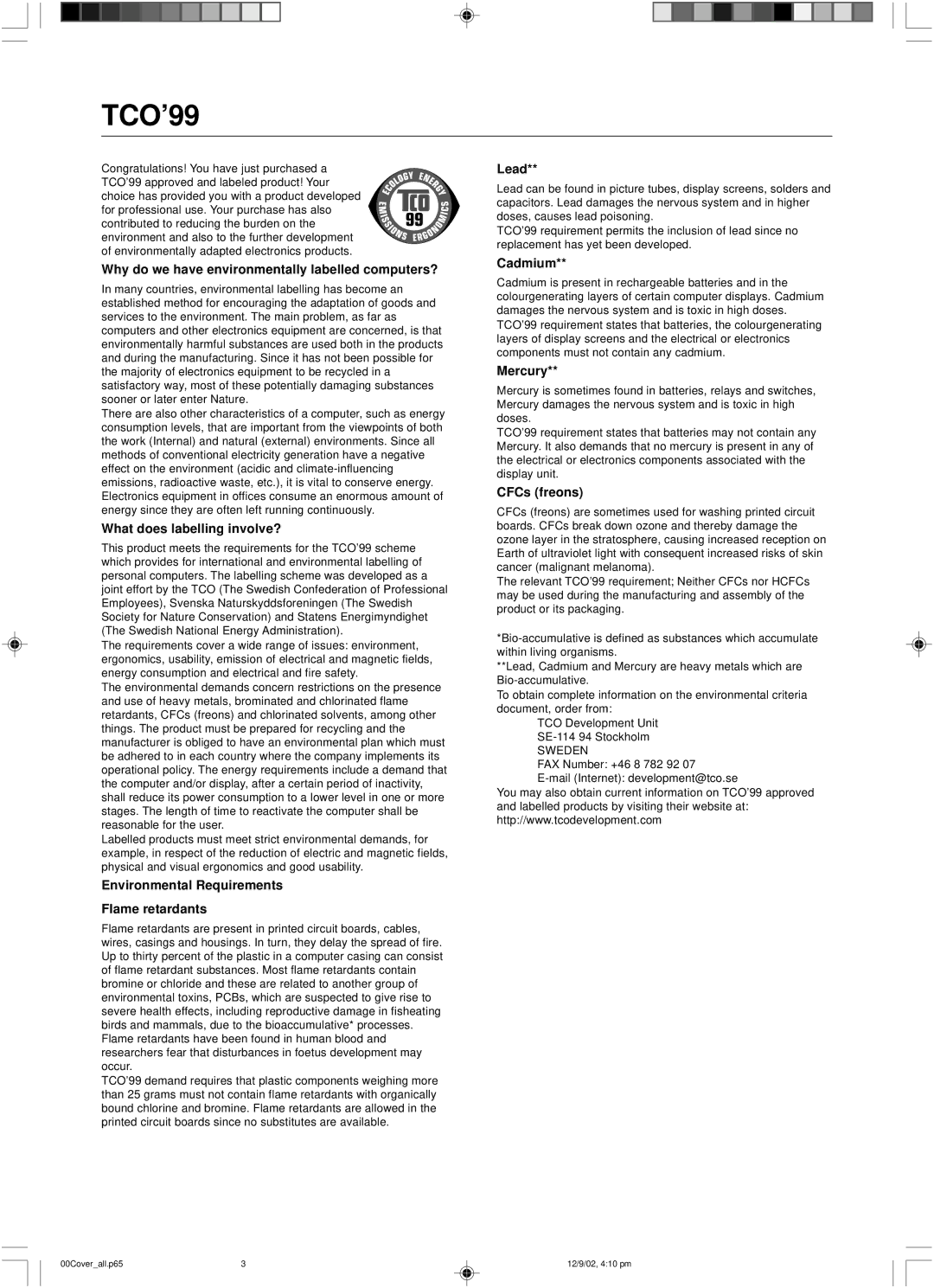 NEC LCD1501 user manual TCO’99 