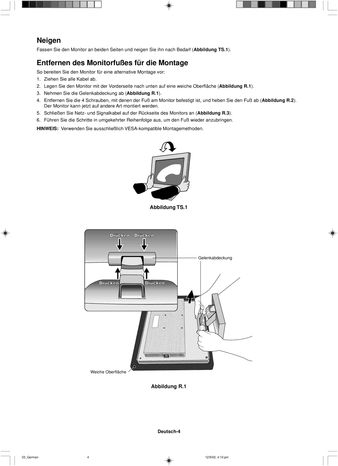 NEC LCD1501 user manual Neigen, Entfernen des Monitorfußes für die Montage, Deutsch-4 