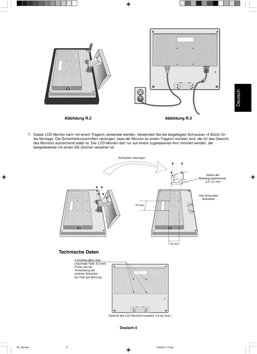 NEC LCD1501 user manual Technische Daten, Deutsch-5 