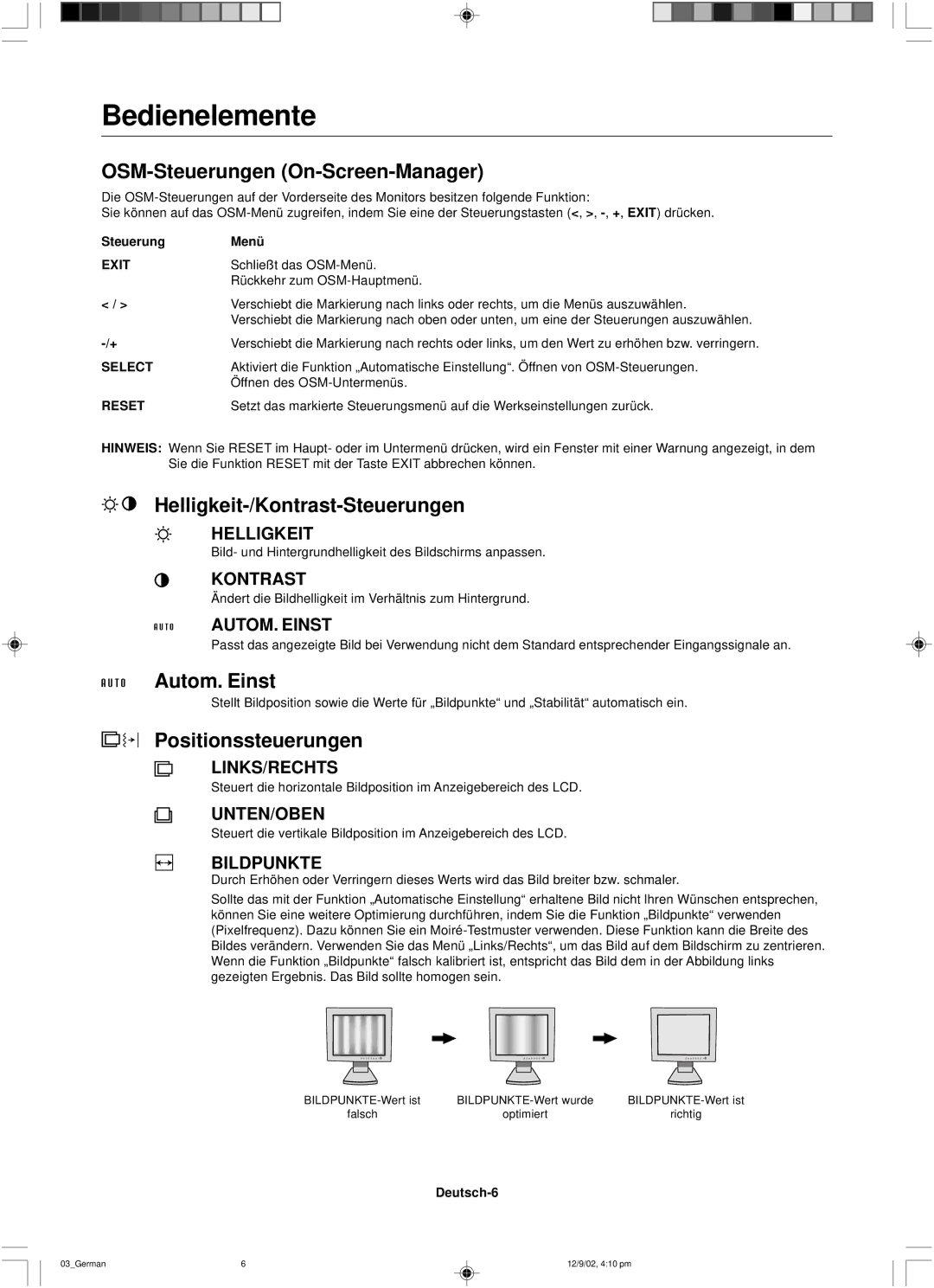 NEC LCD1501 user manual Bedienelemente, OSM-Steuerungen On-Screen-Manager, Helligkeit-/Kontrast-Steuerungen, Autom. Einst 