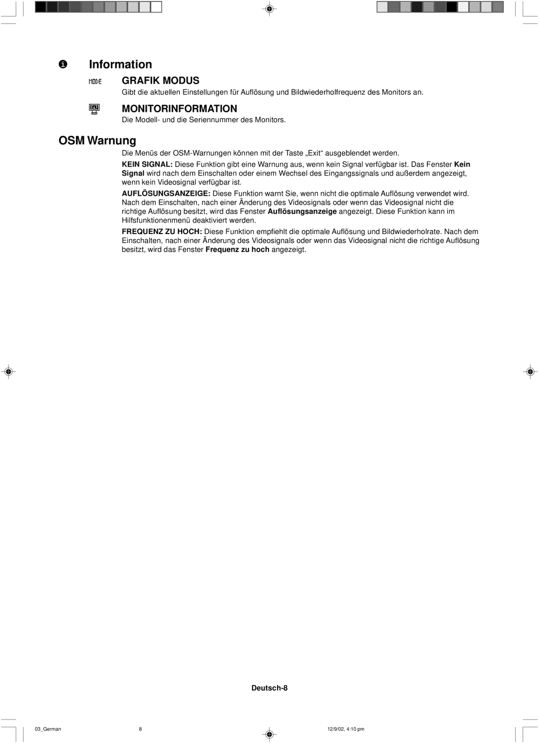 NEC LCD1501 user manual OSM Warnung, Grafik Modus, Monitorinformation, Deutsch-8 