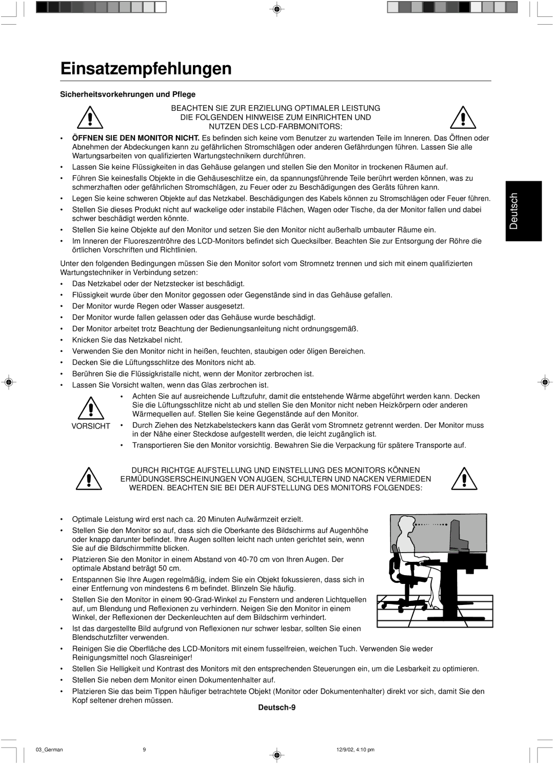 NEC LCD1501 user manual Einsatzempfehlungen, Sicherheitsvorkehrungen und Pflege, Deutsch-9 