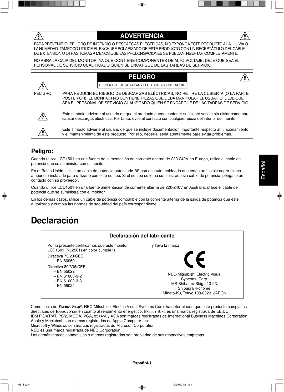 NEC LCD1501 user manual Peligro, Declaración del fabricante, Español-1 