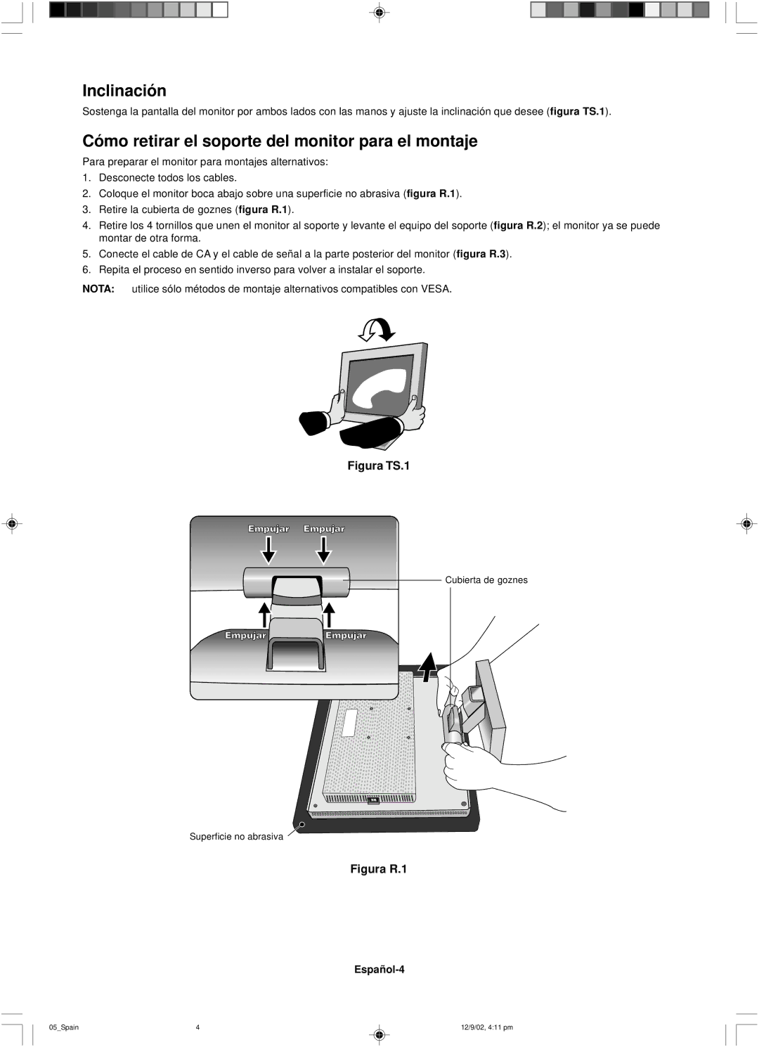 NEC LCD1501 user manual Inclinación, Cómo retirar el soporte del monitor para el montaje, Español-4 