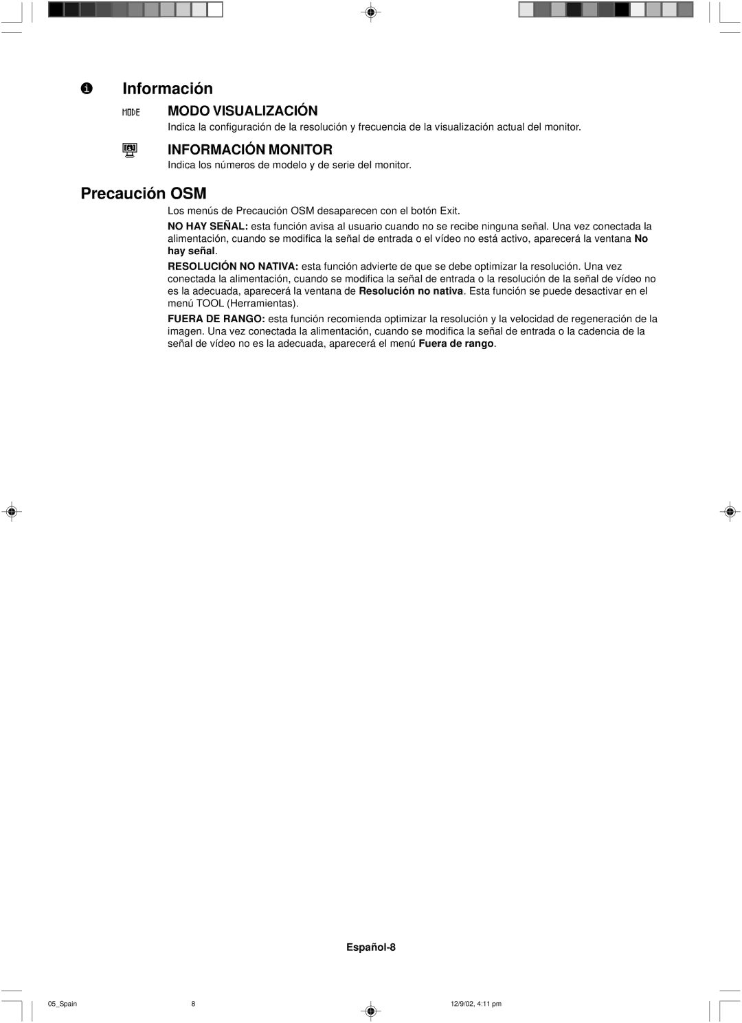 NEC LCD1501 user manual Precaución OSM, Modo Visualización, Información Monitor, Español-8 