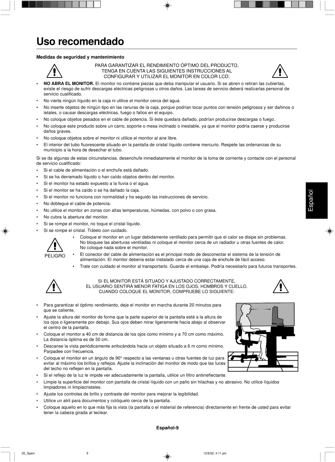 NEC LCD1501 user manual Uso recomendado, Medidas de seguridad y mantenimiento, Español-9 