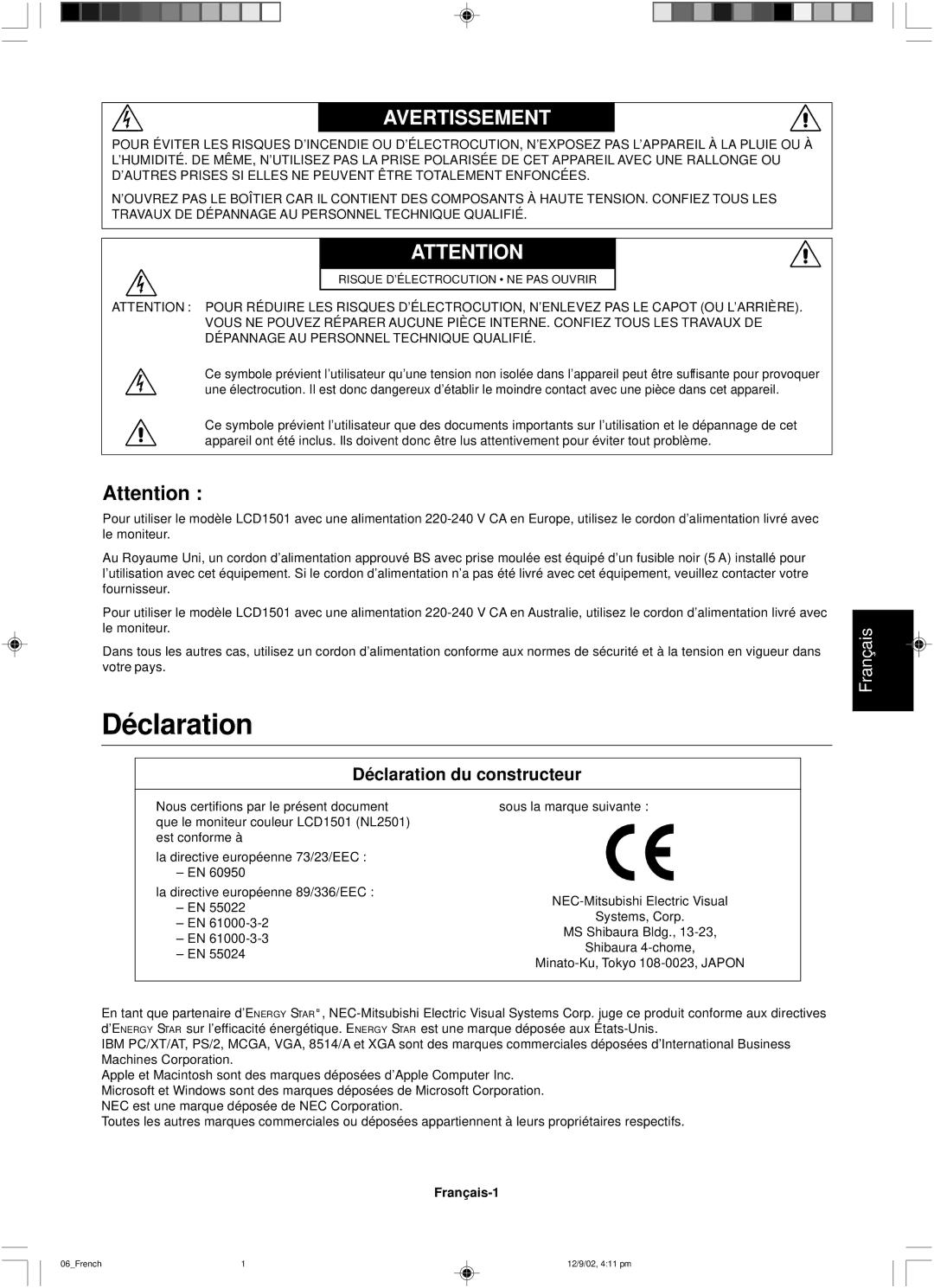 NEC LCD1501 user manual Déclaration du constructeur, Français-1 