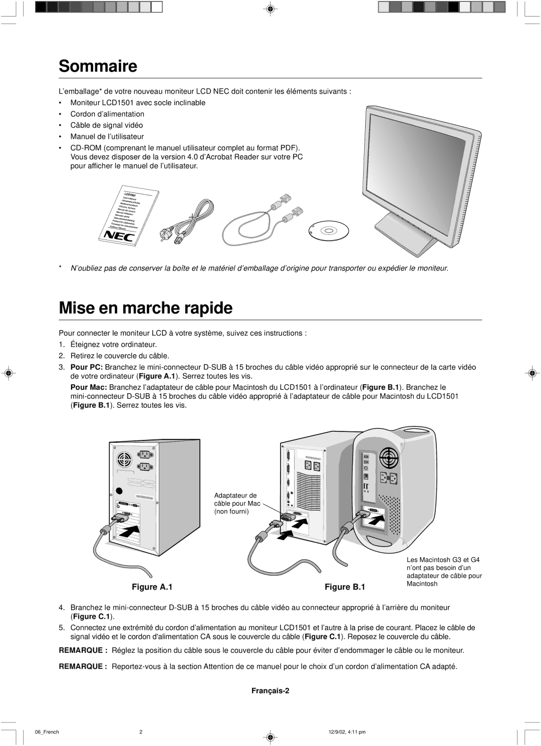 NEC LCD1501 user manual Sommaire, Mise en marche rapide, Français-2 