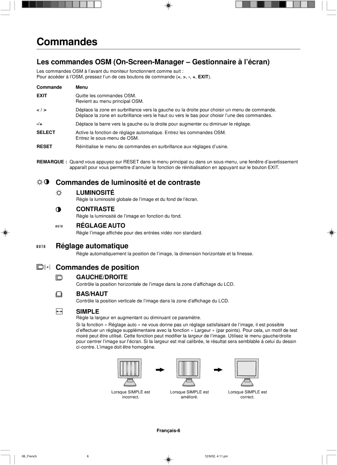 NEC LCD1501 Les commandes OSM On-Screen-Manager Gestionnaire à l’écran, Commandes de luminosité et de contraste 