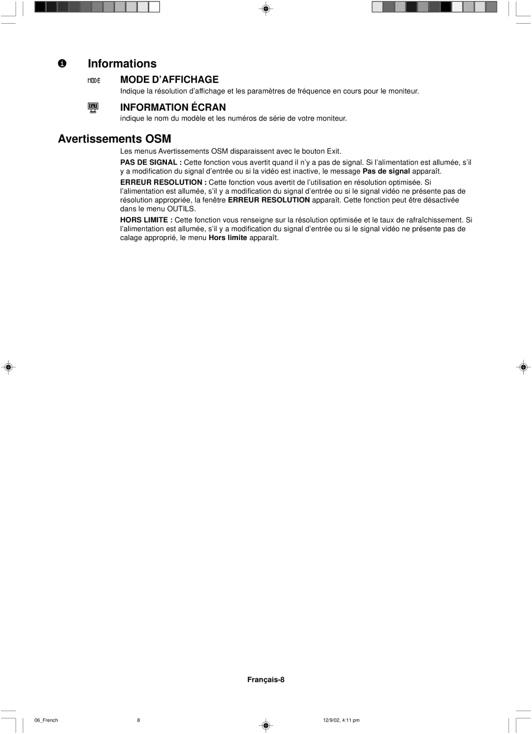 NEC LCD1501 user manual Informations, Avertissements OSM, Mode D’AFFICHAGE, Information Écran, Français-8 