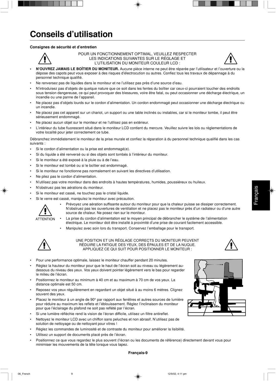 NEC LCD1501 user manual Conseils d’utilisation, Consignes de sécurité et d’entretien, Français-9 