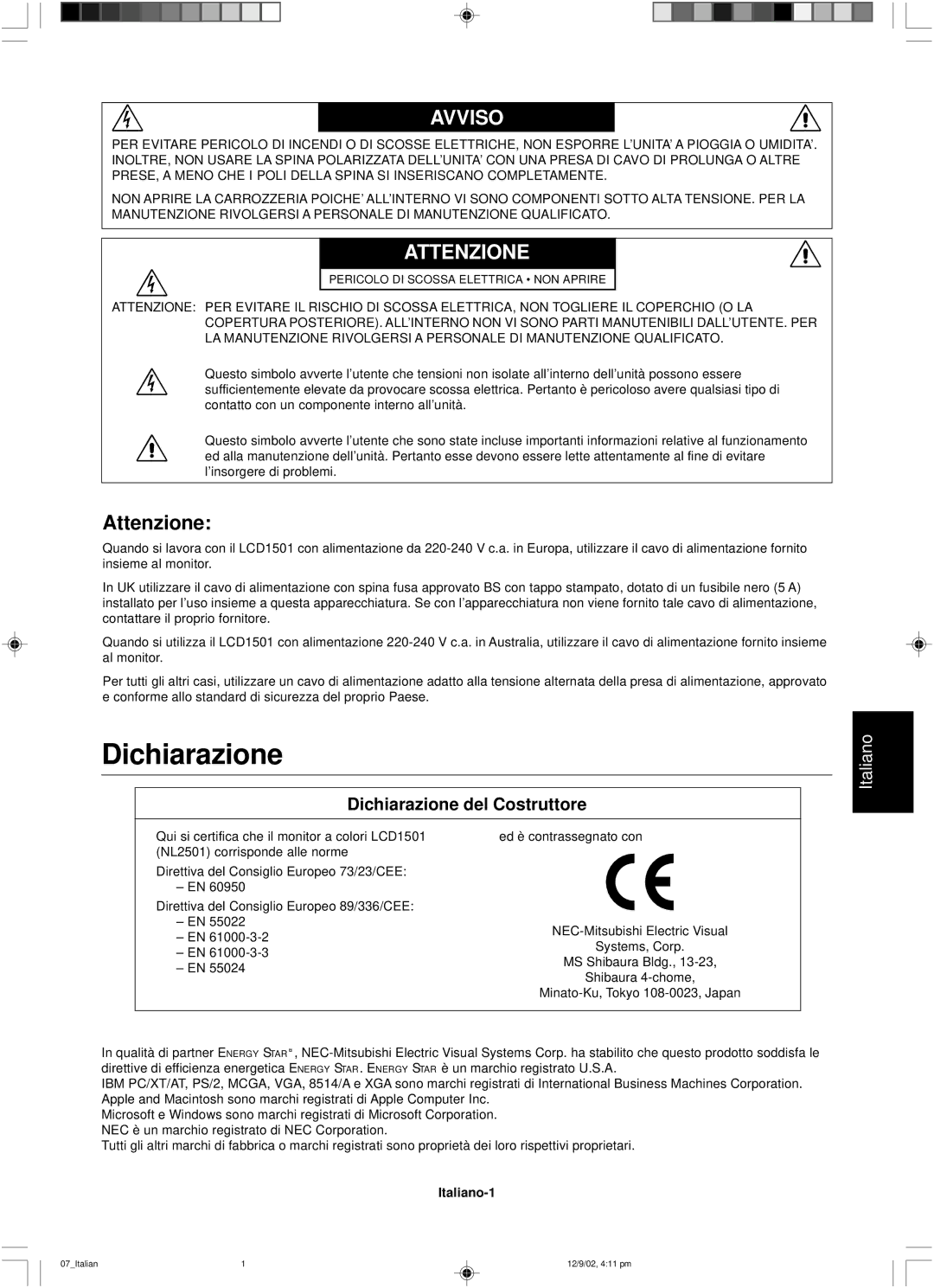 NEC LCD1501 user manual Attenzione, Dichiarazione del Costruttore, Italiano-1 