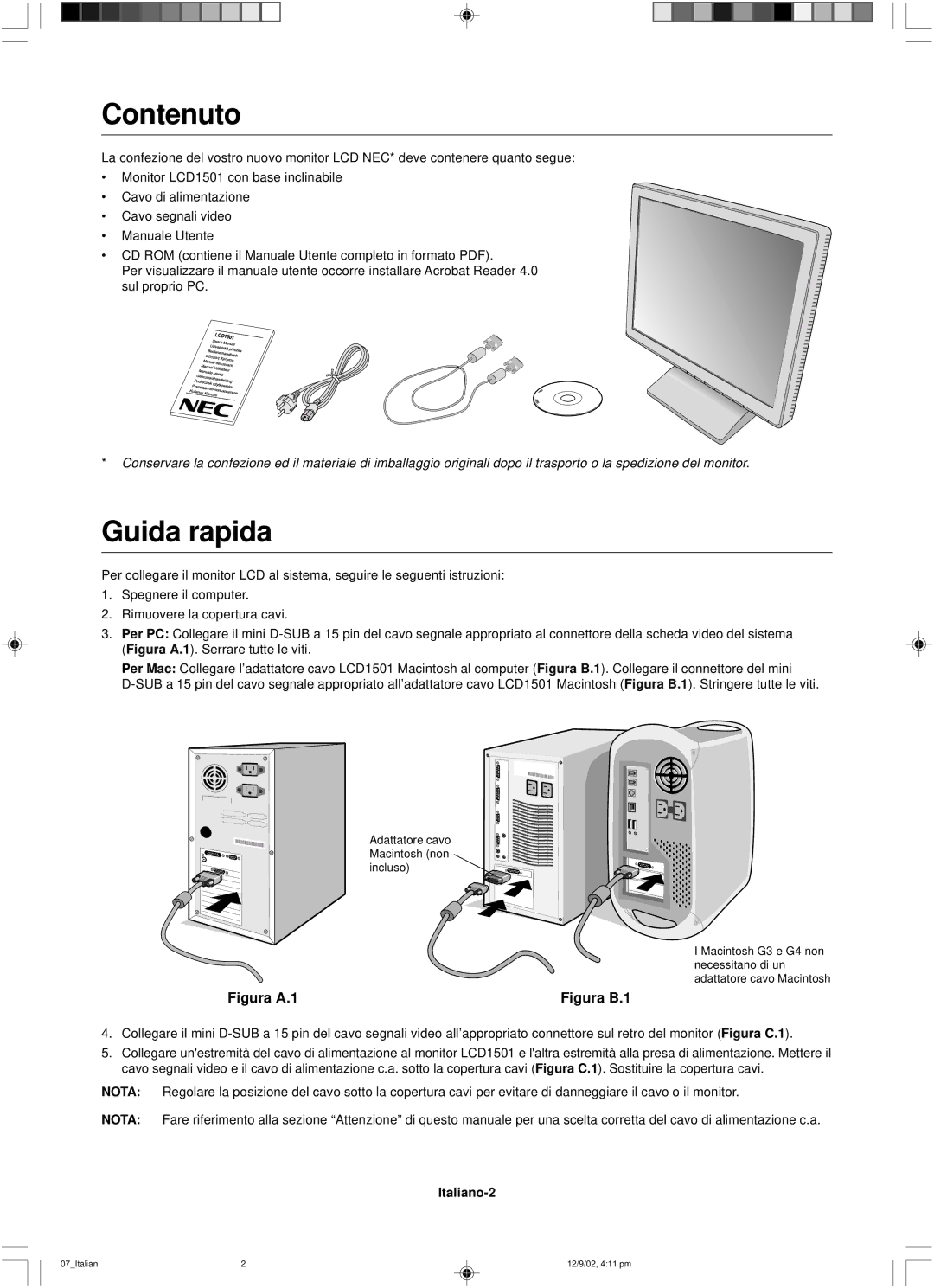 NEC LCD1501 user manual Contenuto, Guida rapida, Italiano-2 