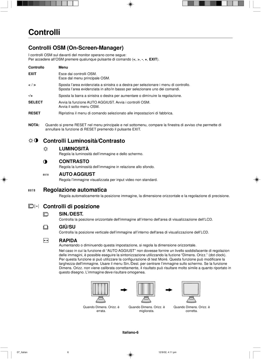 NEC LCD1501 user manual Controlli OSM On-Screen-Manager, Controlli Luminosità/Contrasto, Regolazione automatica 