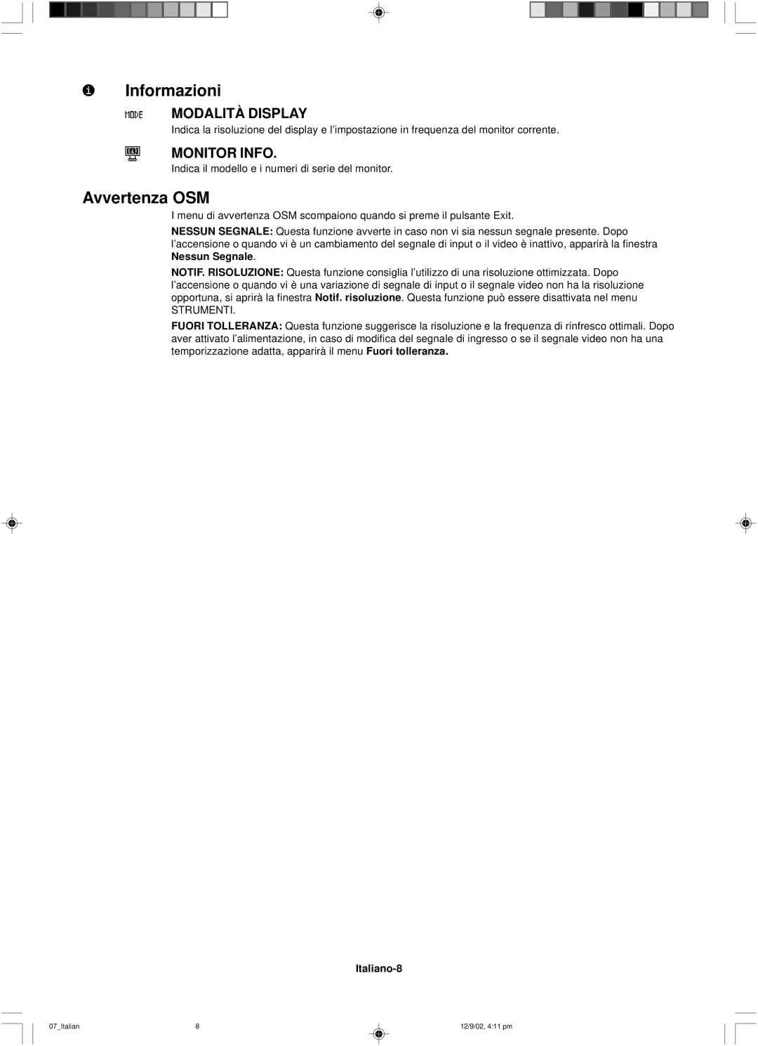 NEC LCD1501 user manual Informazioni, Avvertenza OSM, Modalità Display, Italiano-8 