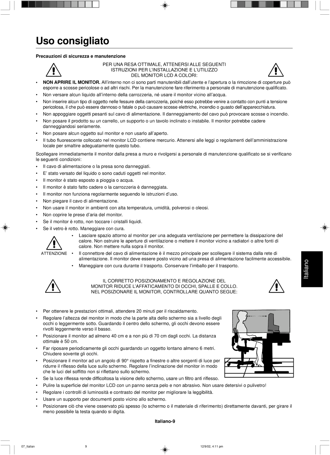 NEC LCD1501 user manual Uso consigliato, Precauzioni di sicurezza e manutenzione, Italiano-9 