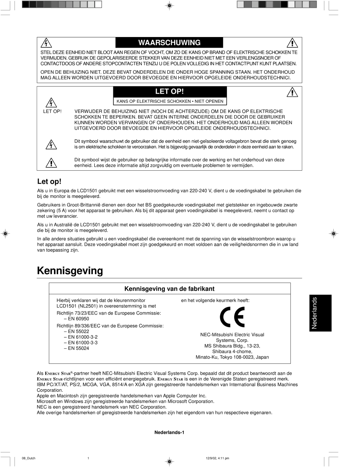 NEC LCD1501 user manual Let op, Kennisgeving van de fabrikant, Nederlands-1 