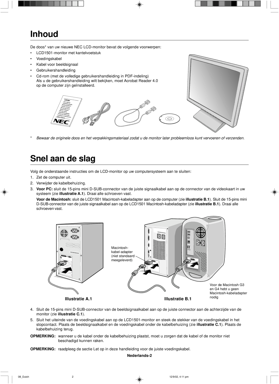 NEC LCD1501 user manual Inhoud, Snel aan de slag, Nederlands-2 