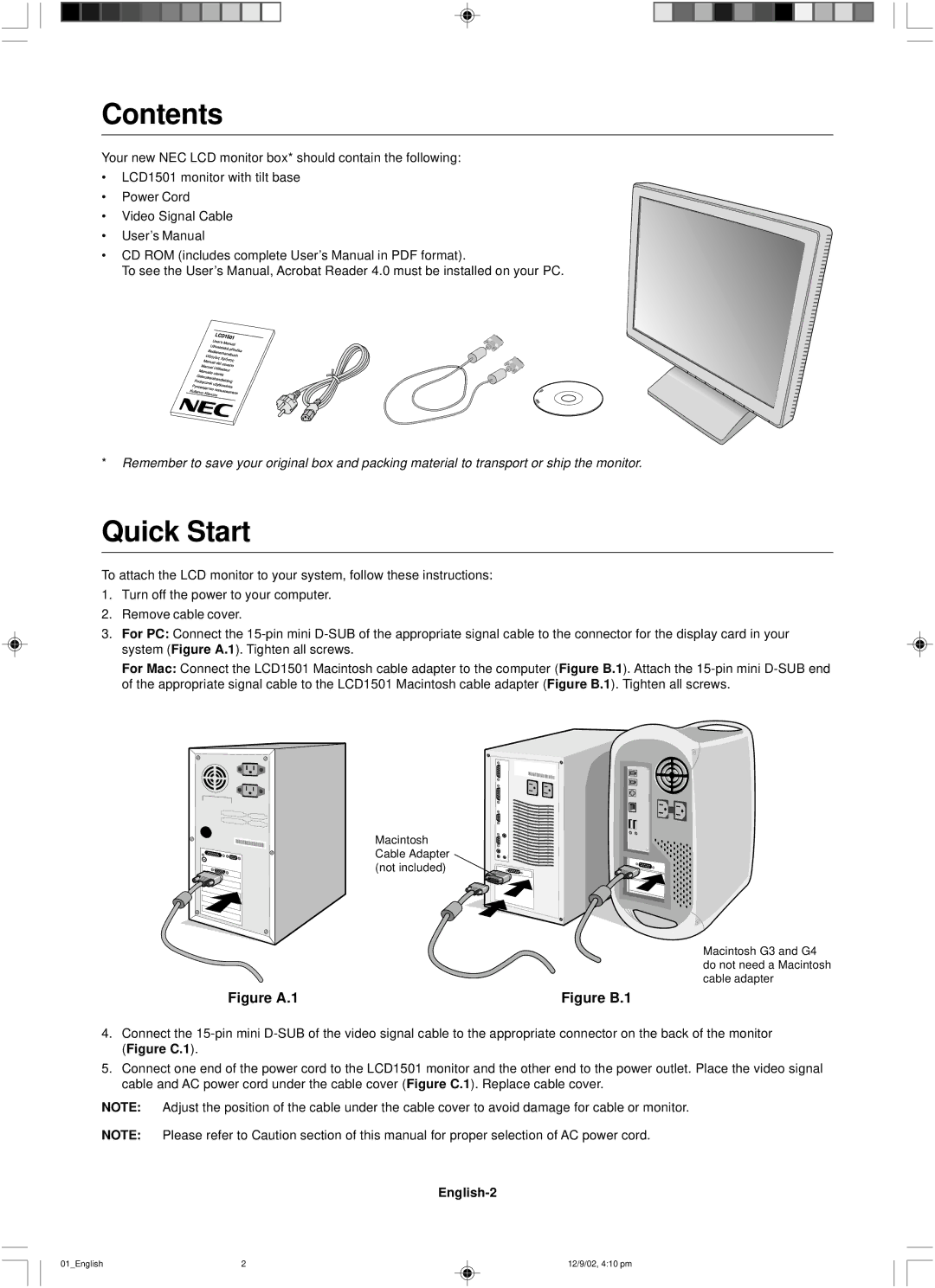 NEC LCD1501 user manual Contents, Quick Start 