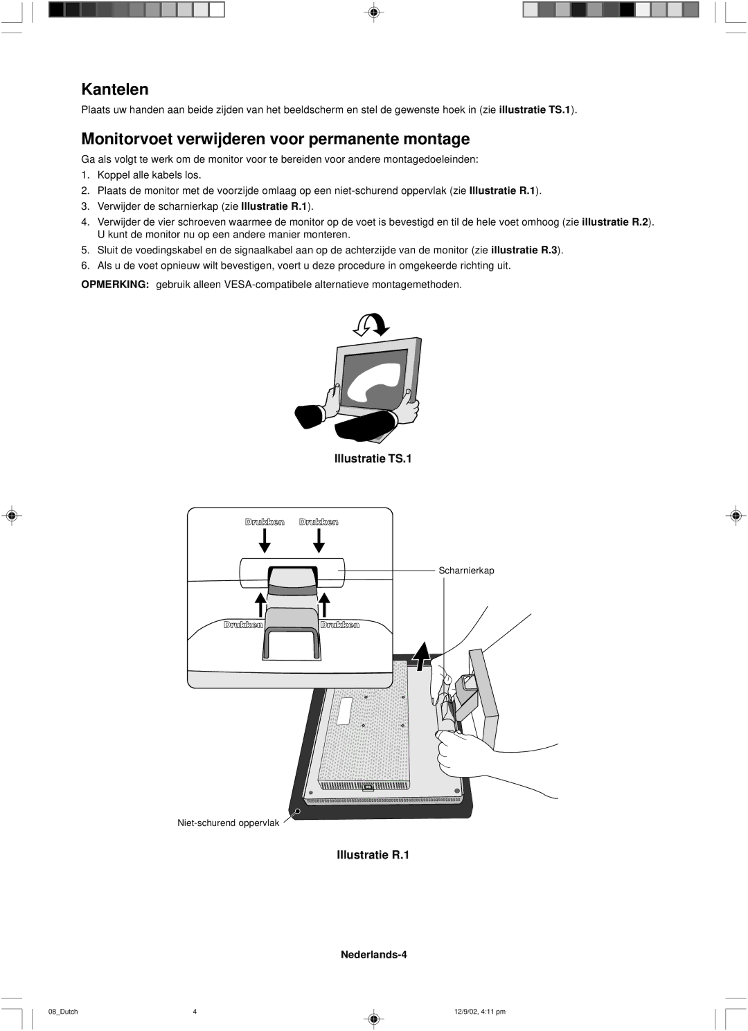 NEC LCD1501 user manual Kantelen, Monitorvoet verwijderen voor permanente montage, Nederlands-4 