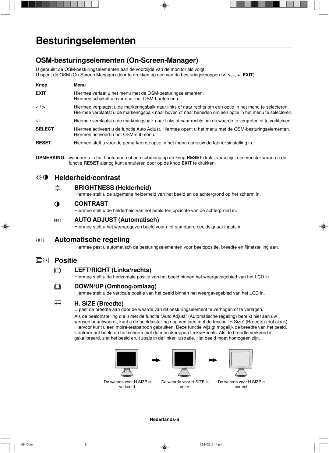 NEC LCD1501 Besturingselementen, OSM-besturingselementen On-Screen-Manager, Helderheid/contrast, Automatische regeling 