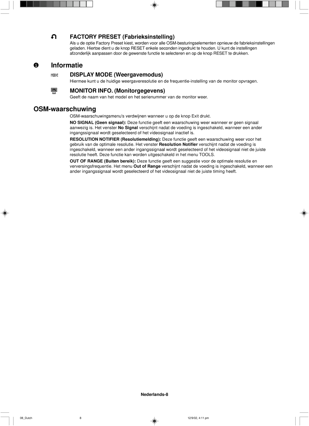 NEC LCD1501 user manual Informatie, OSM-waarschuwing, Factory Preset Fabrieksinstelling, Display Mode Weergavemodus 