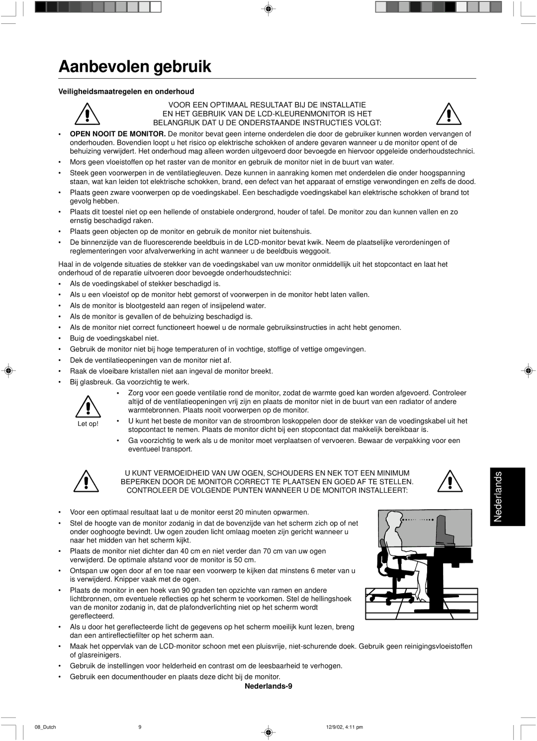 NEC LCD1501 user manual Aanbevolen gebruik, Veiligheidsmaatregelen en onderhoud, Nederlands-9 