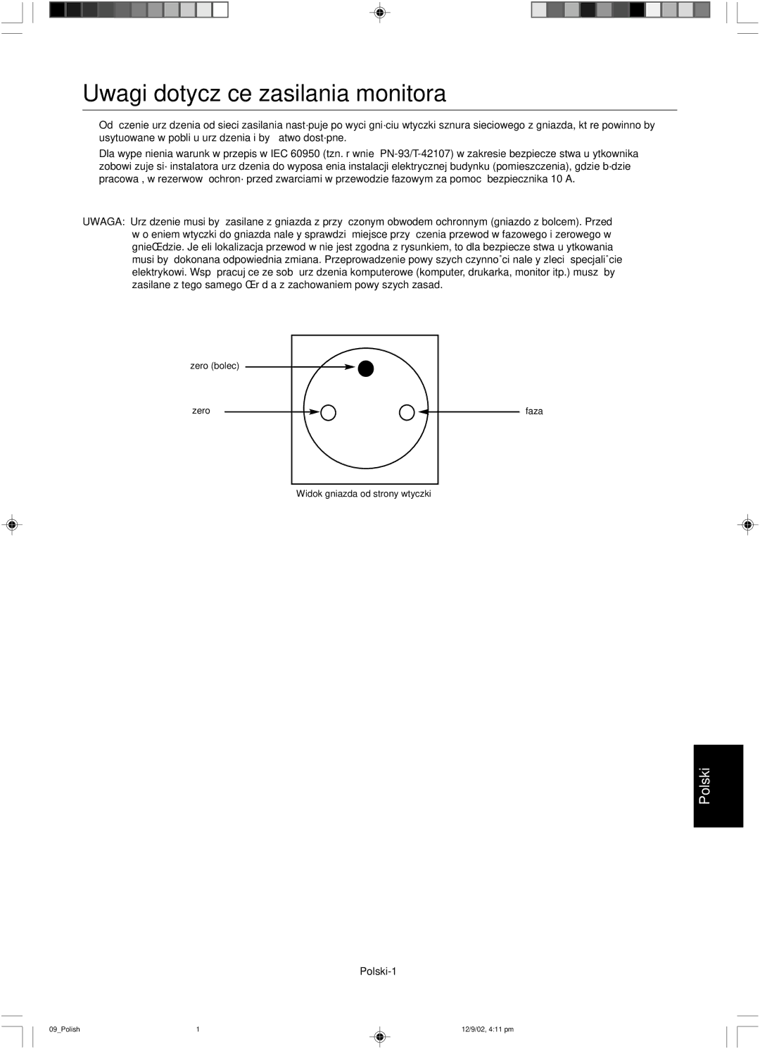 NEC LCD1501 user manual Uwagi dotyczàce zasilania monitora 