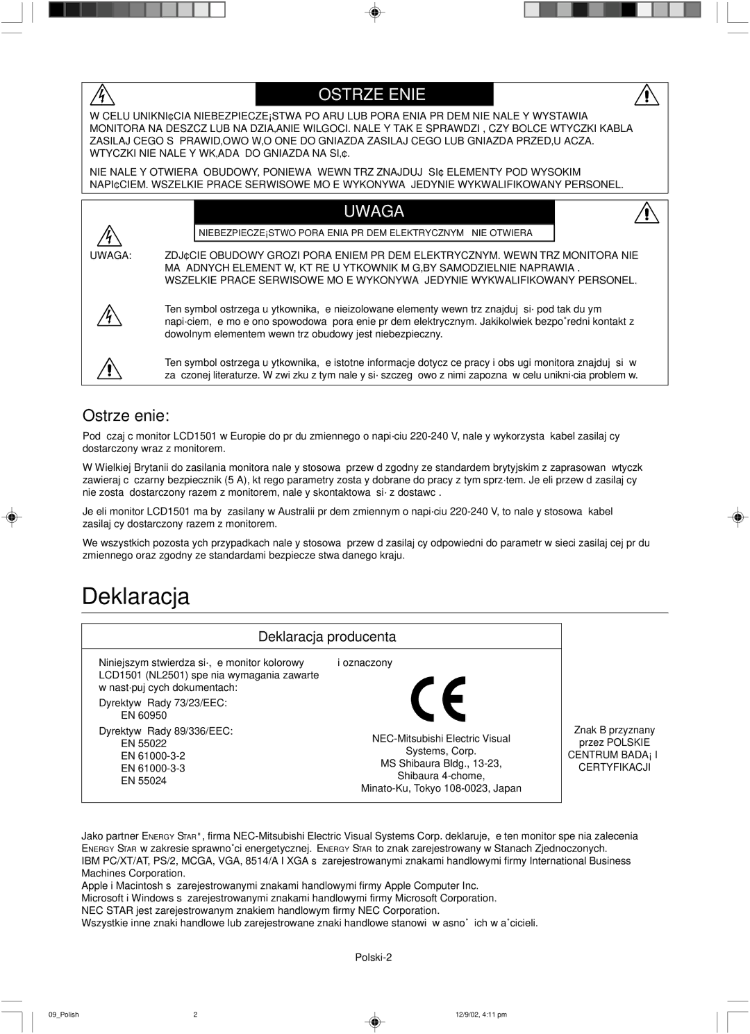 NEC LCD1501 user manual Ostrze˚Enie, Ostrze˝enie 