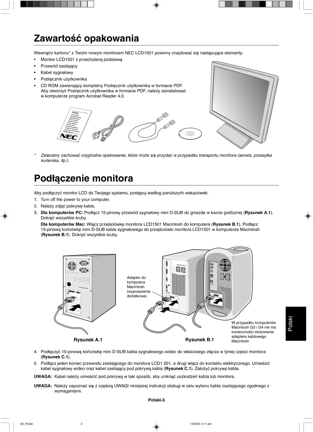 NEC LCD1501 user manual ZawartoÊç opakowania 