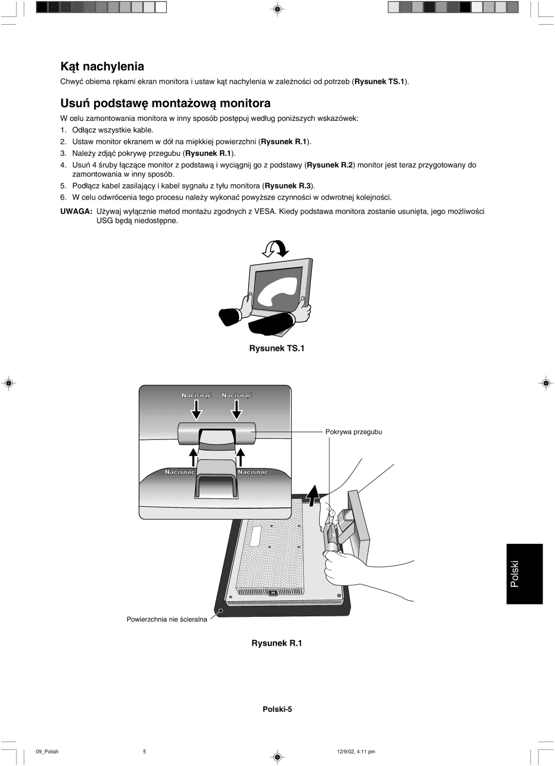 NEC LCD1501 user manual Kàt nachylenia, Usuƒ podstaw´ monta˝owà monitora 