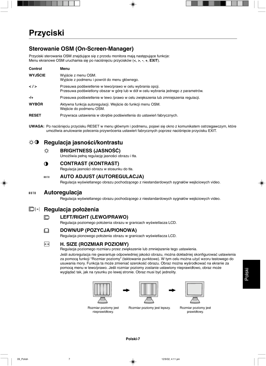 NEC LCD1501 user manual Sterowanie OSM On-Screen-Manager, Regulacja jasnoÊci/kontrastu, Autoregulacja, Regulacja po∏o˝enia 