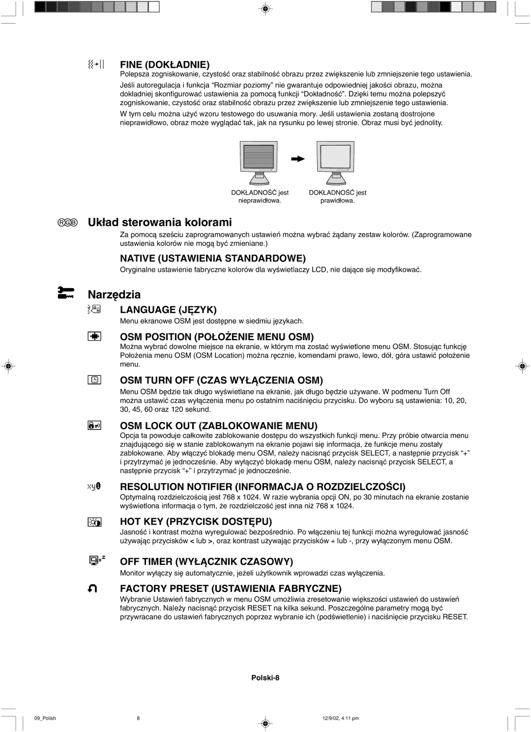 NEC LCD1501 user manual Uk∏ad sterowania kolorami, Narz´dzia 