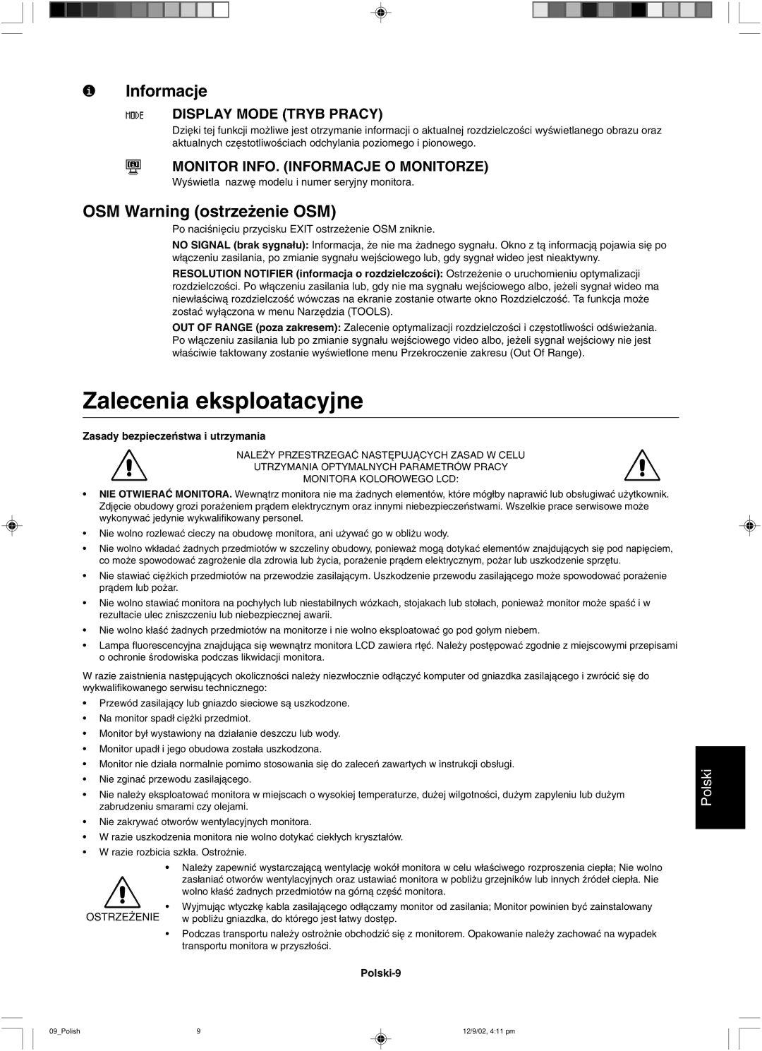 NEC LCD1501 user manual Informacje, OSM Warning ostrze˝enie OSM 