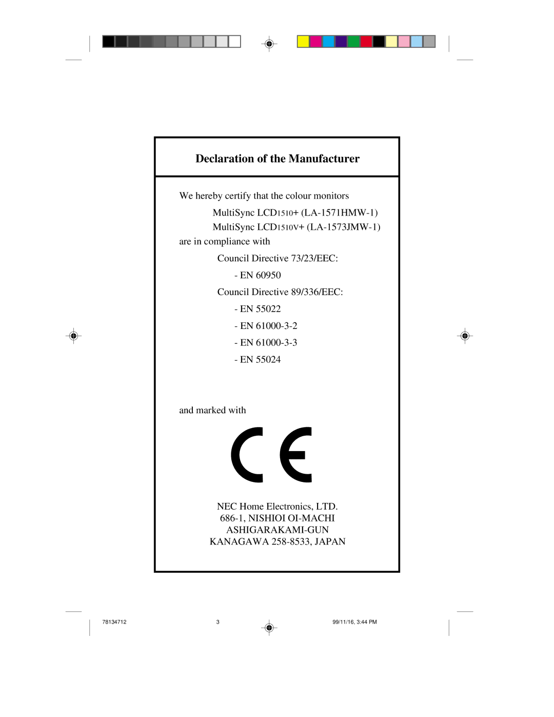 NEC LCD1510V+, LCD1510+ user manual Declaration of the Manufacturer 