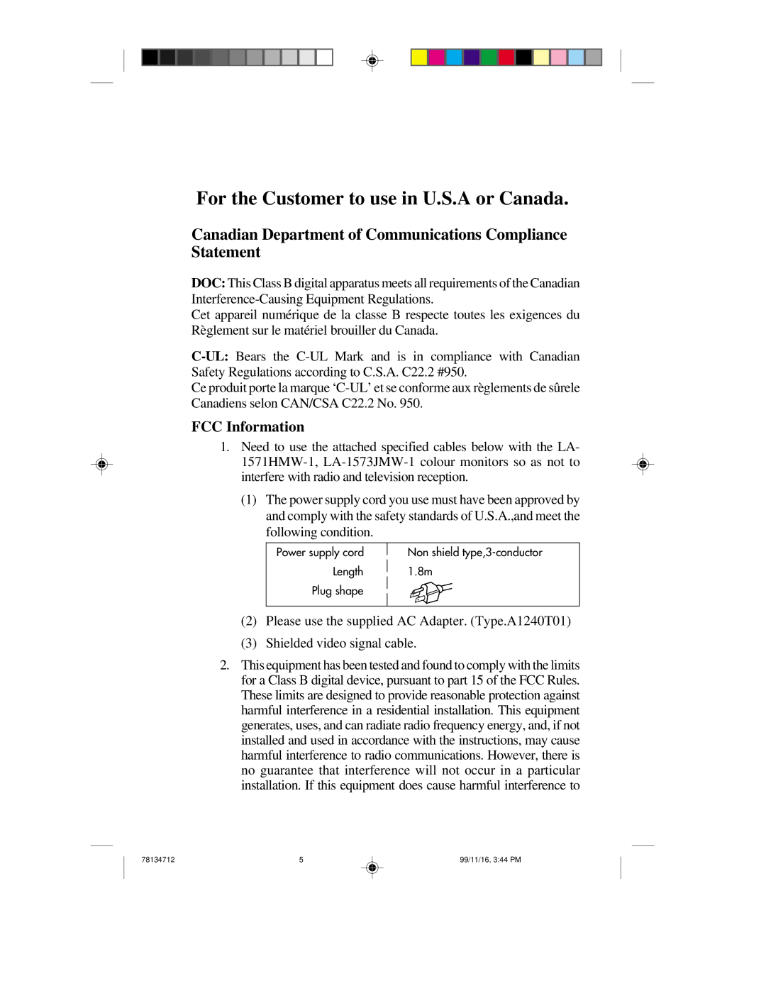 NEC LCD1510V+, LCD1510+ user manual Canadian Department of Communications Compliance Statement, FCC Information 