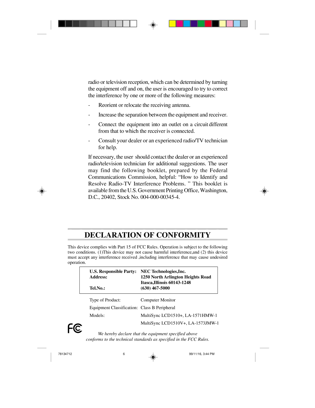 NEC LCD1510+, LCD1510V+ user manual Declaration of Conformity 