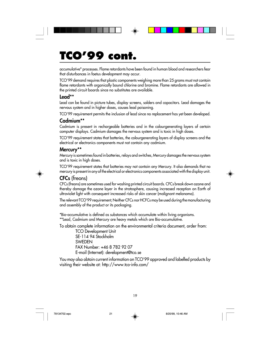 NEC LCD1510+ user manual TCO’99 cont, Lead, Cadmium, Mercury, CFCs freons 