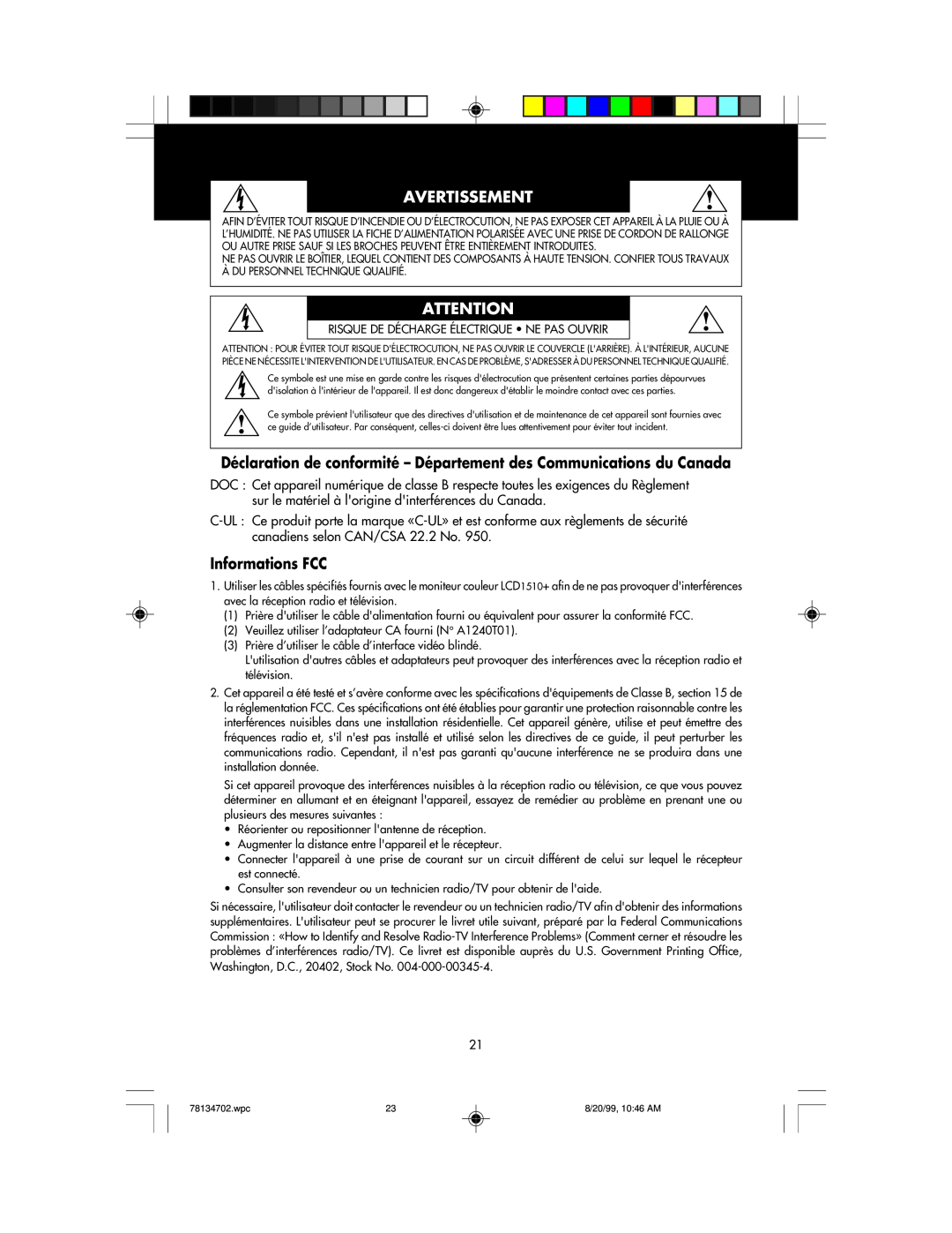 NEC LCD1510+ user manual Avertissement, Informations FCC 