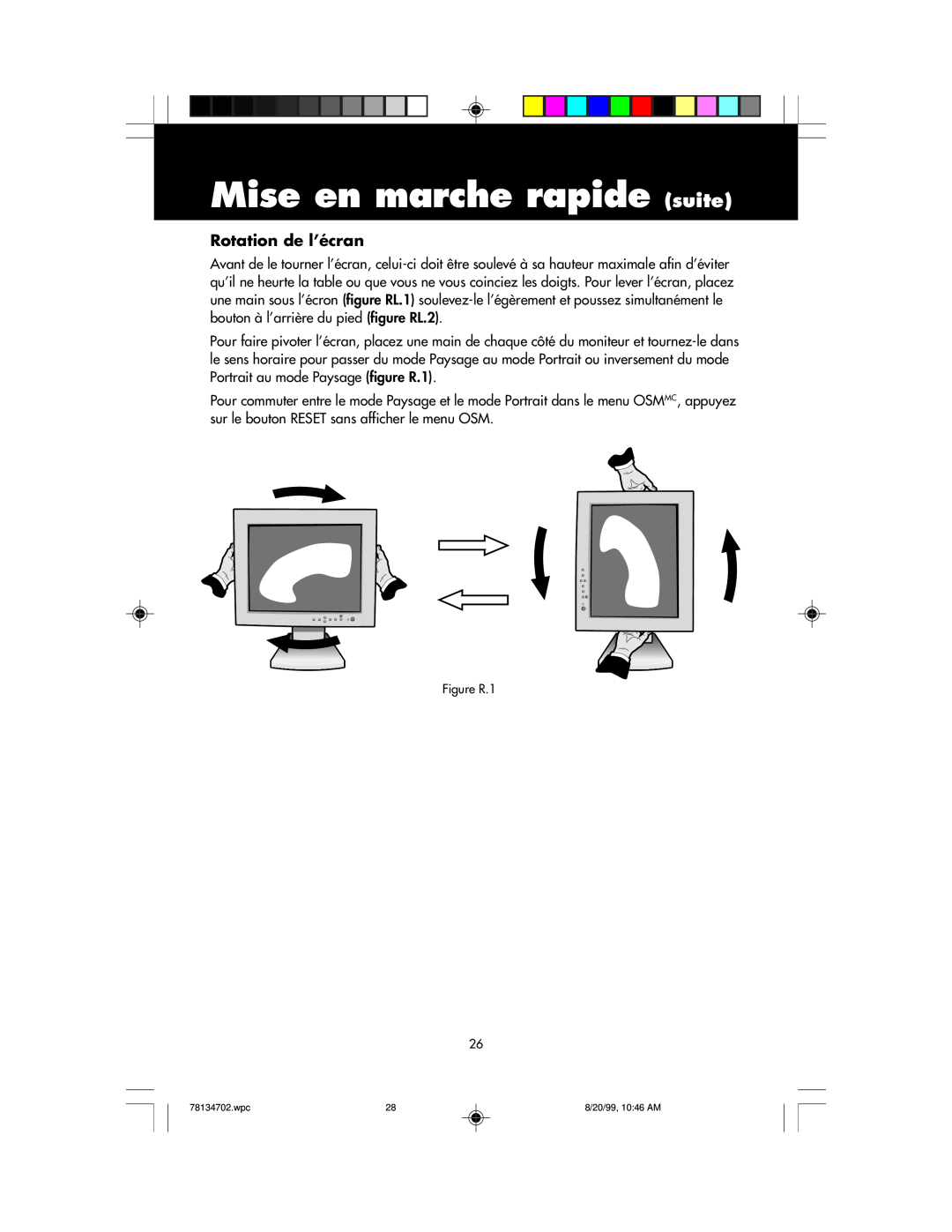 NEC LCD1510+ user manual Mise en marche rapide suite, Rotation de l’écran, Figure R.1 26 