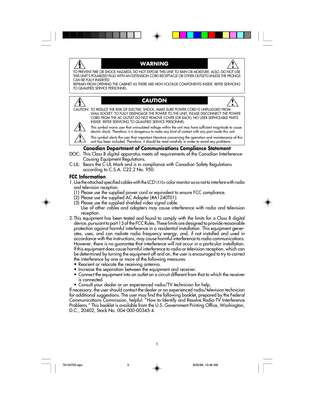 NEC LCD1510+ user manual FCC Information 