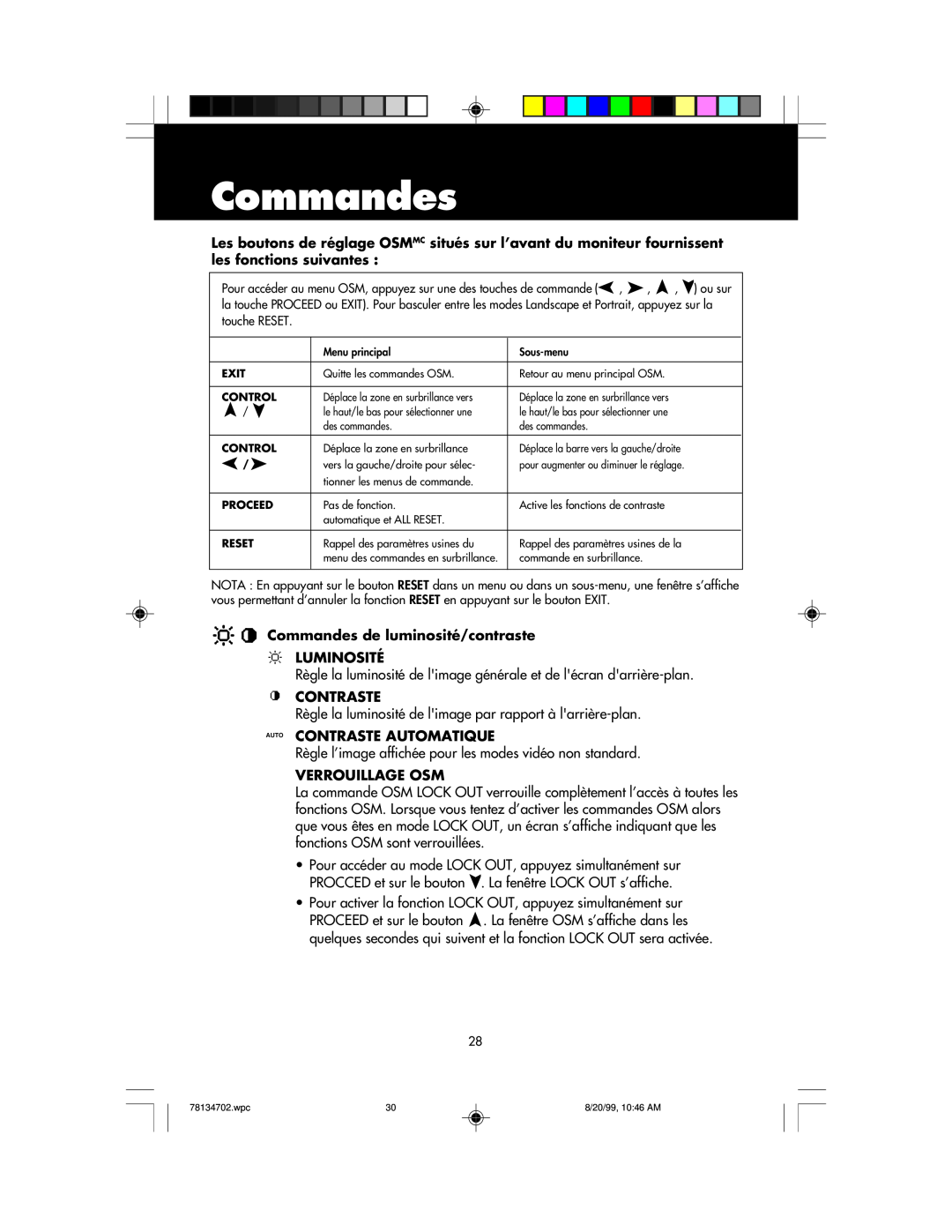 NEC LCD1510+ user manual Commandes de luminosité/contraste LUMINOSITÉ, Auto Contraste Automatique, Verrouillage Osm 