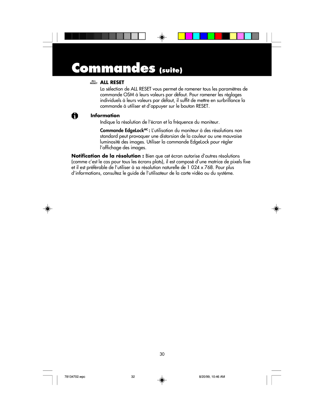 NEC LCD1510+ user manual Commandes suite, All Reset, Information 